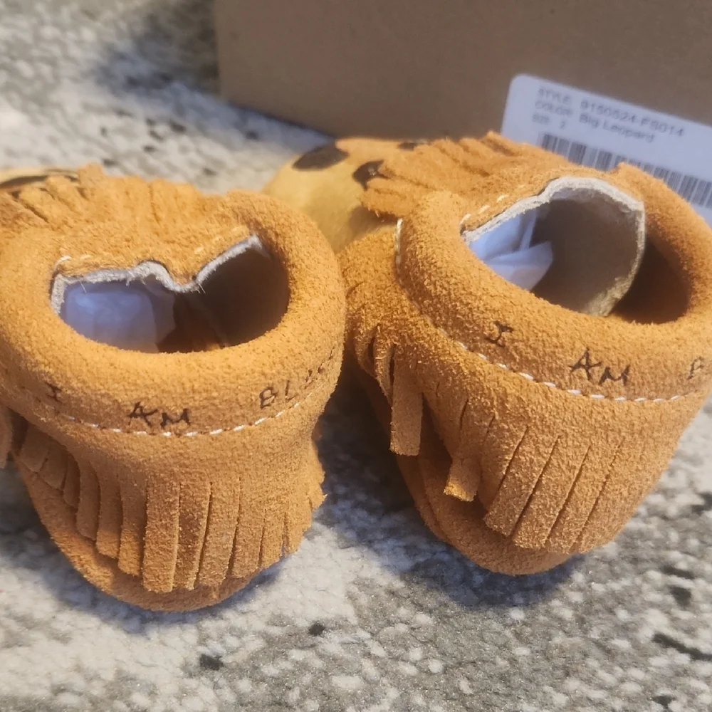 Kids Leopard Print Fringe Moccasin Shoes - Tan